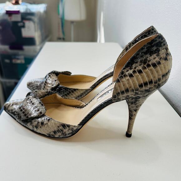 Oscar de la Renta Leather Snakeskin Front Bow Pointed Toe Heel 37 / 6.5 - Picture 4 of 14